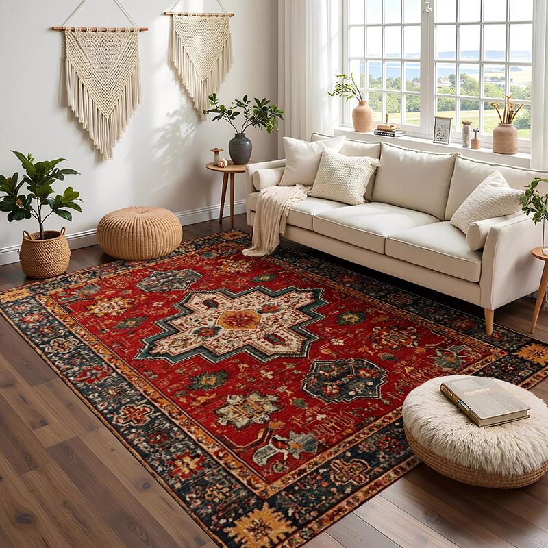 

RAKKS Red Velvet Area Rugs Washable Non-Slip, Floral Vintage Print Pattern Medallion Carpet for Living Room Bedroom Dining Room 40x60cm