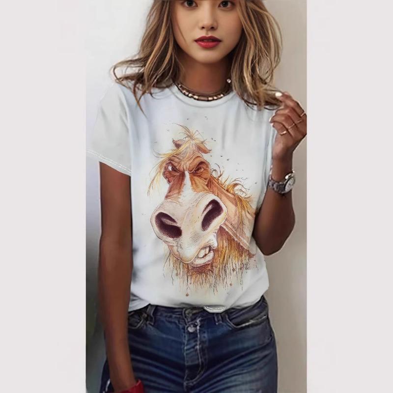 T-shirt d'été pour femme avec impression grenouille 3D, graphique amusant 'percée murale', col rond, manches courtes, décontracté, ample