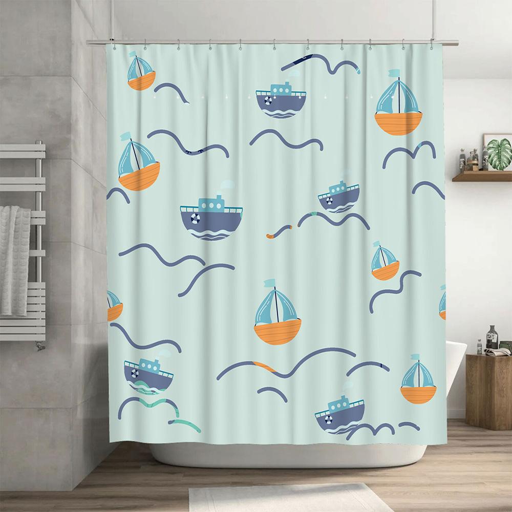 Blue Tones Sailboat Shower Curtain Waterproof Fabric Decorative Bath Accessories for Bathroom Decoration Light Blue
