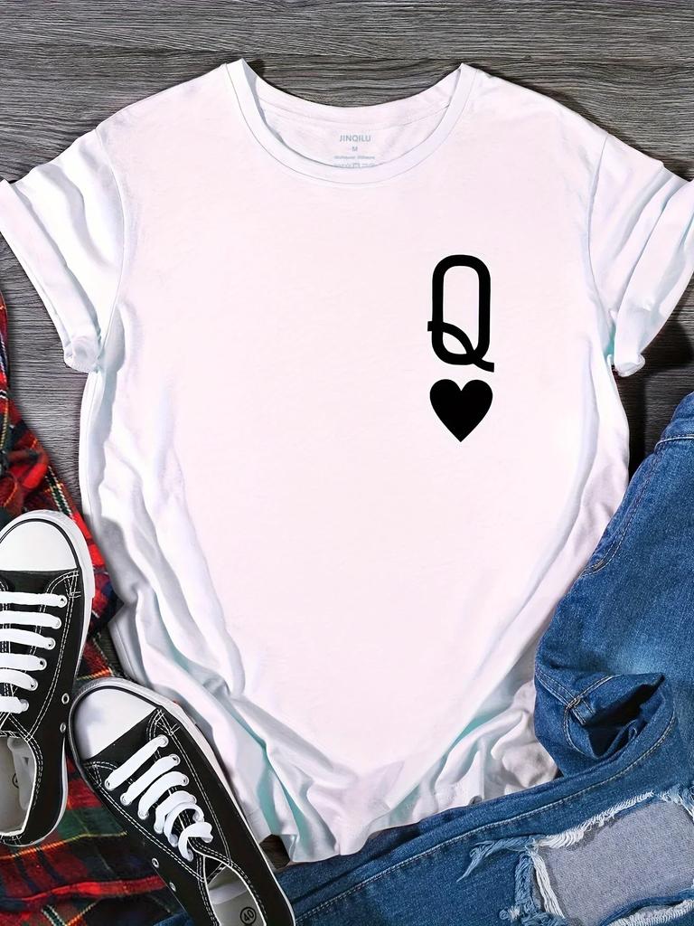 Q&Heart Printed Round Neck T-shirt for Spring/summer Short Sleeved Top and Women's Clothing