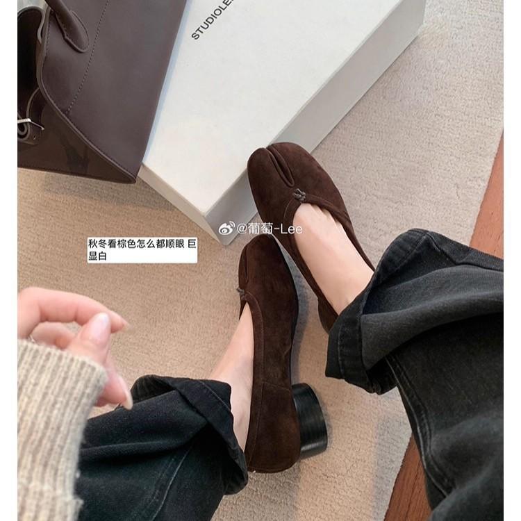 

Sheepskin version~ Grape mother The same retro split-toe shallow mouth increases 4cm fold ballet thick heel split-toe pig s trotter shoes for women 40