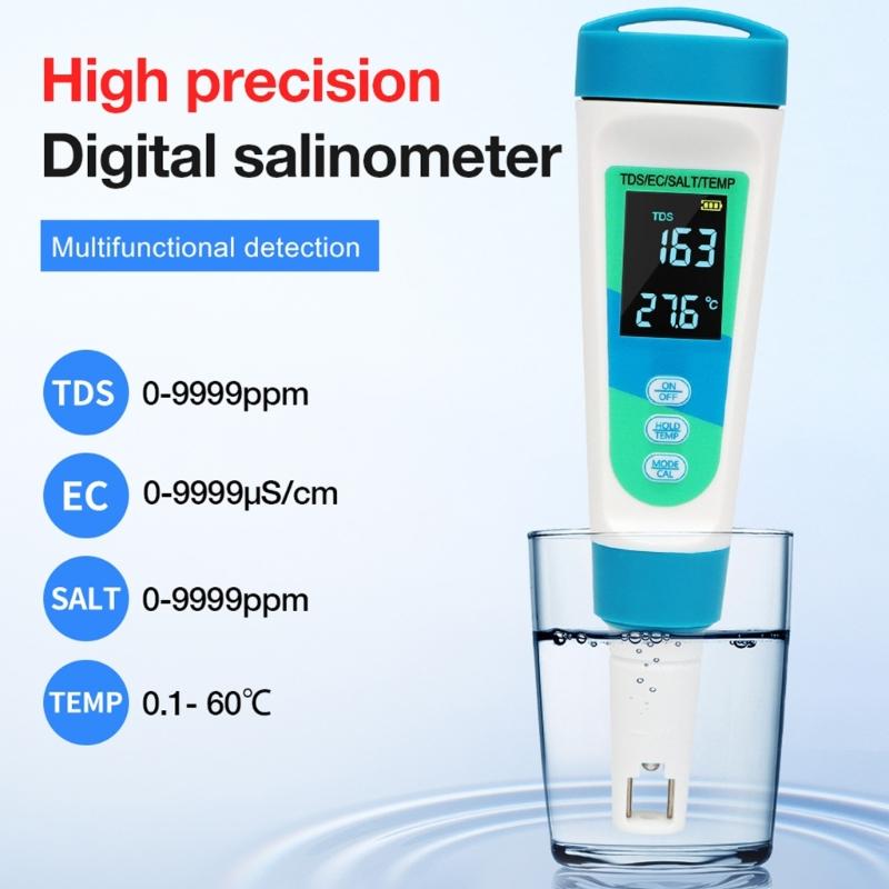 4 In 1 Salinity Meter with  Conductivity Temperature Tester Water Quality Test Pen for Fish Tanks & Swimming Pools