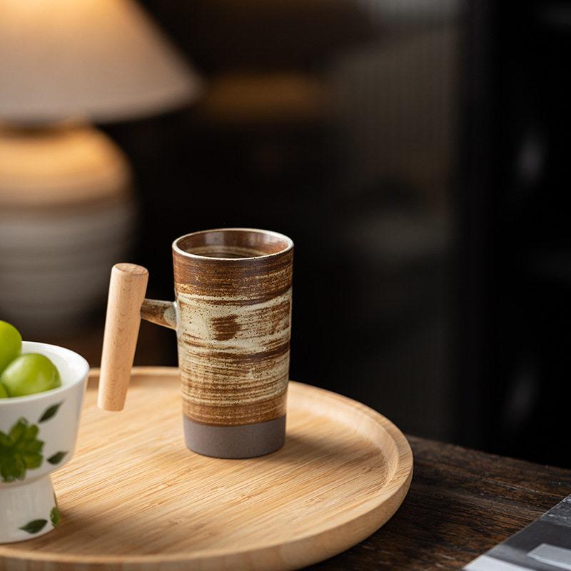 Ceramic Mug Wooden Handle Coffee Cup Vintage Kiln Variation Pottery Large Capacity Tea Water Cup for Home Office Kitchen