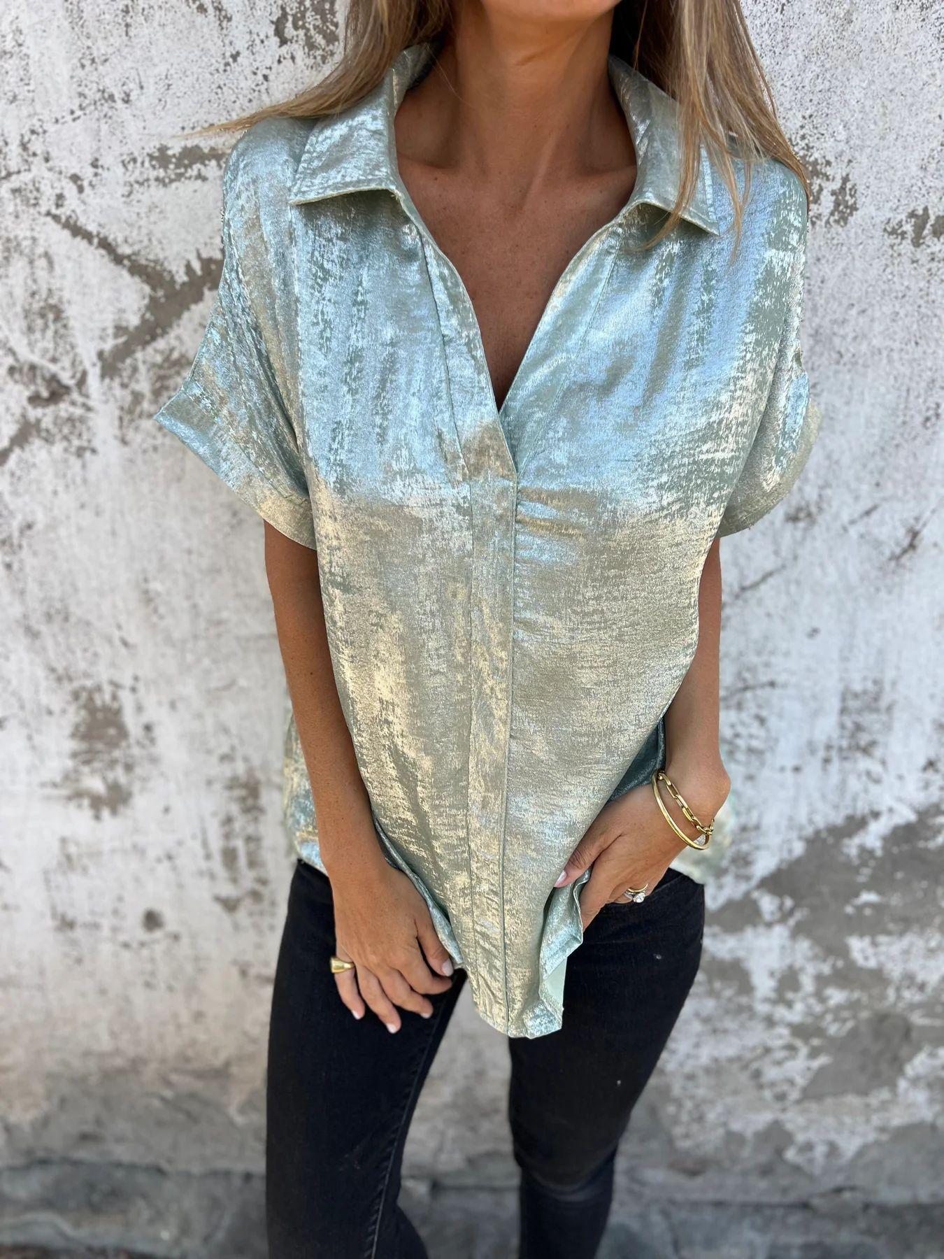 European and American summer casual loose bronzing short-sleeved lapel shirt women S светло-зеленый