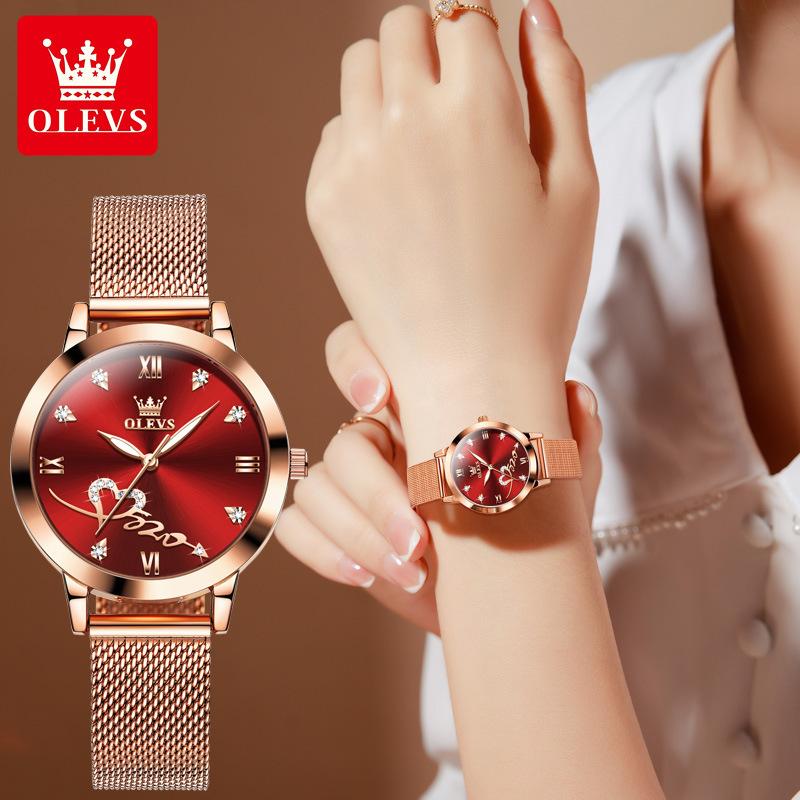 OLEVS Luxury Love Heart Diamond Ladies Watches Stainless Steel Mesh Strap Waterproof Quartz Wristwatch for Women Gift