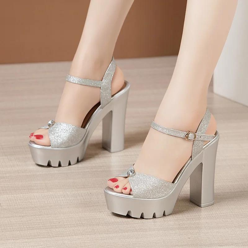 13cm Small Size 32-43 Block High Heels Sandals Summer Wedding Shoes 2025 Thick Platform Sandals Women Soft Leather Sandal Silver