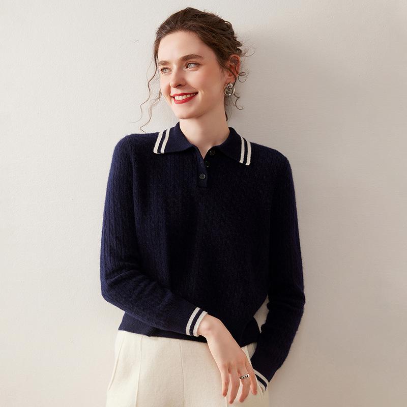 Women's Contrast Color Cashmere Polo Neck Sweater - Autumn & Winter Collection