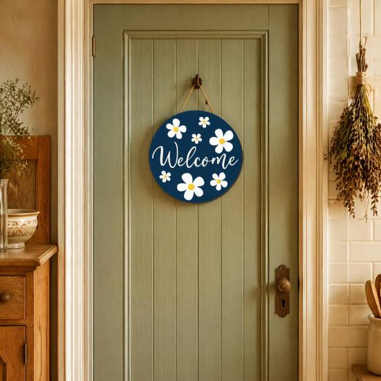 Floral Pattern Wood Sign Wooden Daisy Welcome for Front Door, Rustic Farmhouse Hanging Wall Decor Indoor Outdoor with Hemp Rope, Plaque Home Entrance