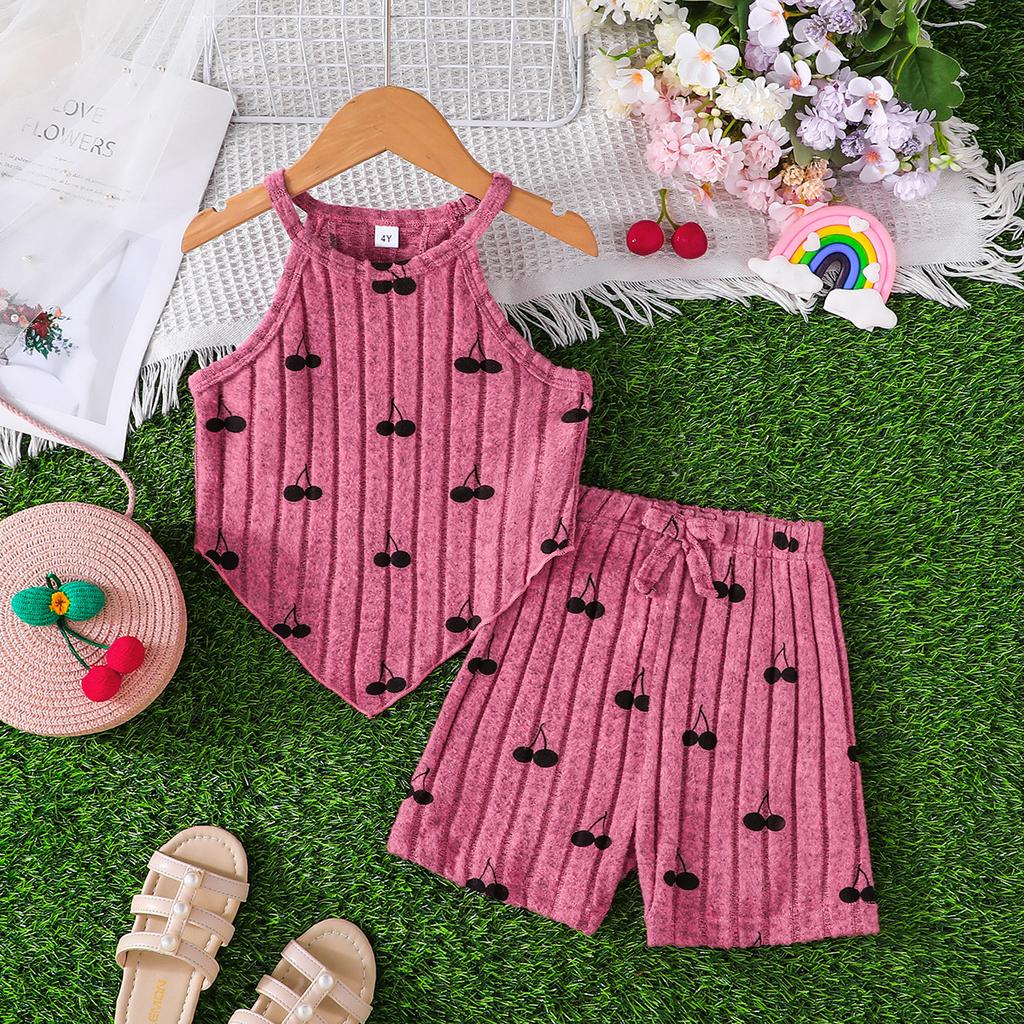 Girls Fashion Cute Cherry Pattern Tank Top + Shorts Set 2025 Summer Children's Casual Set