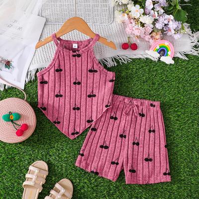 Girls Fashion Cute Cherry Pattern Tank Top + Shorts Set 2025 Summer Children's Casual Set