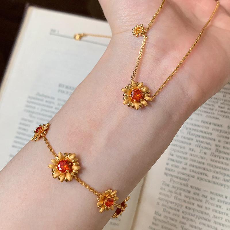 Inlay Diamonds Brushed Daisies Embellished Orange Gemstones Earrings for Women Necklaces Bracelets Layered Vintage Jewelry Sets