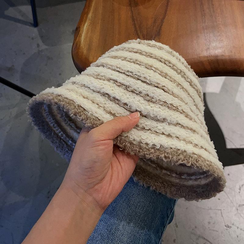Autumn and Winter Ins Plush Velvet Bucket Hat Women's Color blocked Striped Basin Hat Japanese Versatile Autumn and Winter Dome Fisherman Hat