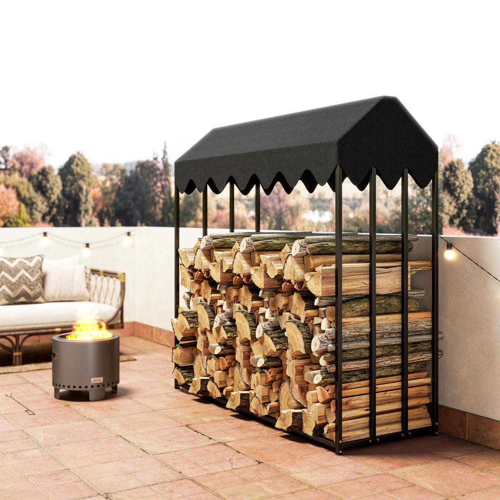 Outdoor Log Storage Rack, Cover, 600D Oxford, 1.9 m³, Steel, 186 x 70 x 185 cm, Black