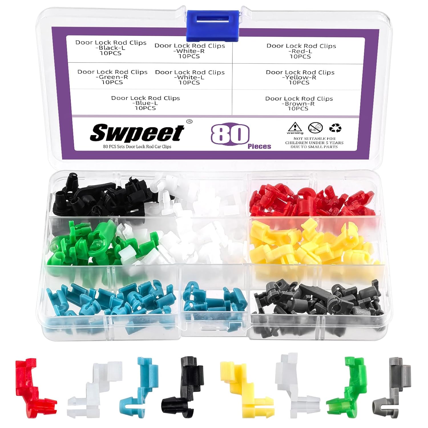Swpeet 80Pcs Car Door Lock Rod Clips Assortment Kit, Left And Right Door Handle Rod End Clip Retainer, Tailgate Handle Rod Clip, Latch Locking Push