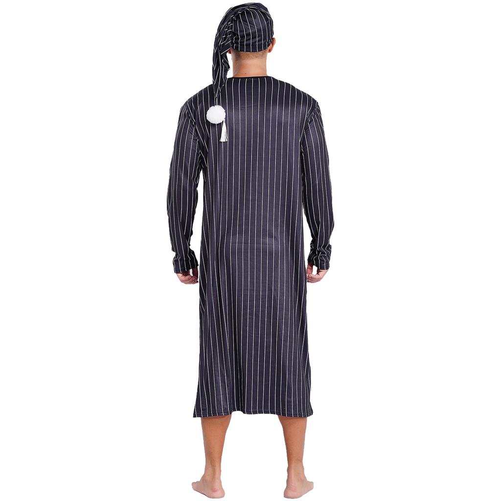 Męska odzież nocna Sissy Pasiasty szlafrok nocny Długi rękaw Długi szlafrok Pompon Regulowana czapka do spania Arabskie piżamy