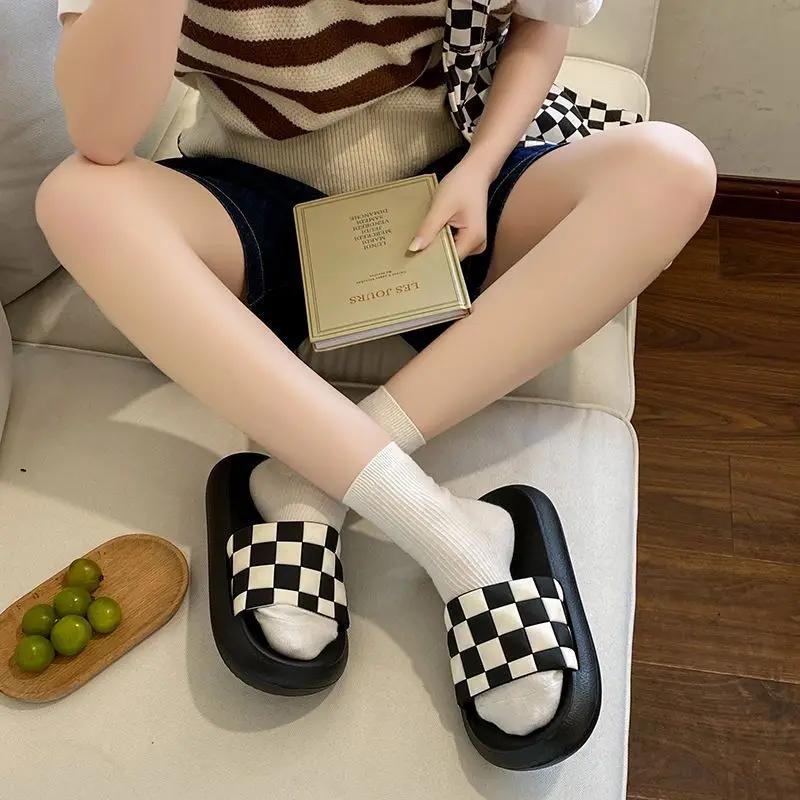 Fashion Woman Slippers Open Toe Bathroom Home Indoor Bedroom Sandals House Plaid Shoes for Women Slides Flat Original I B Unique G F 39