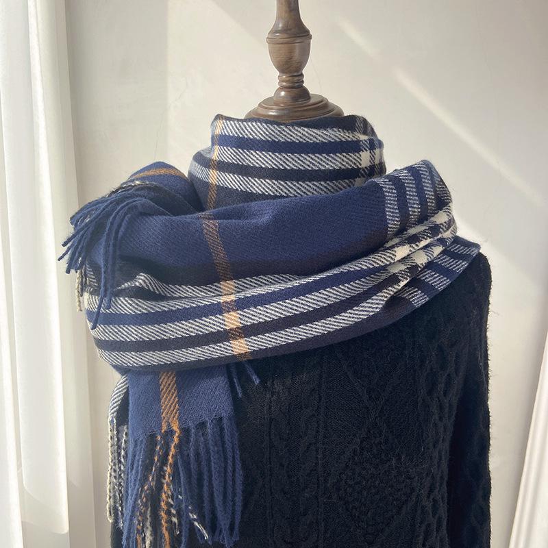 Women's Autumn/Winter Korean-Style Versatile Mid-Length Plaid Shawl & Scarf with Tassels – Imitation Cashmere Warm Neck Warmer
