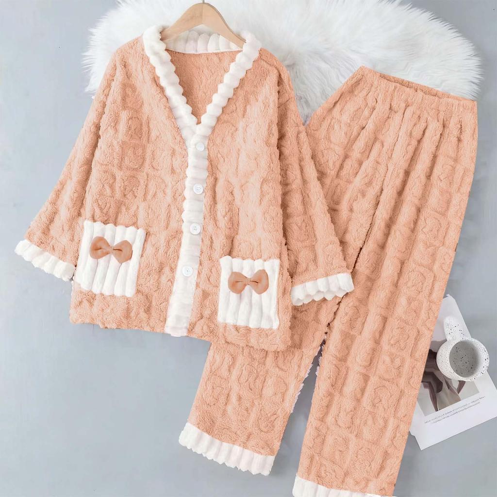 Damen Langarm Flanell Verdickt Warm Hausanzug Strickjacke Set für Oberbekleidung