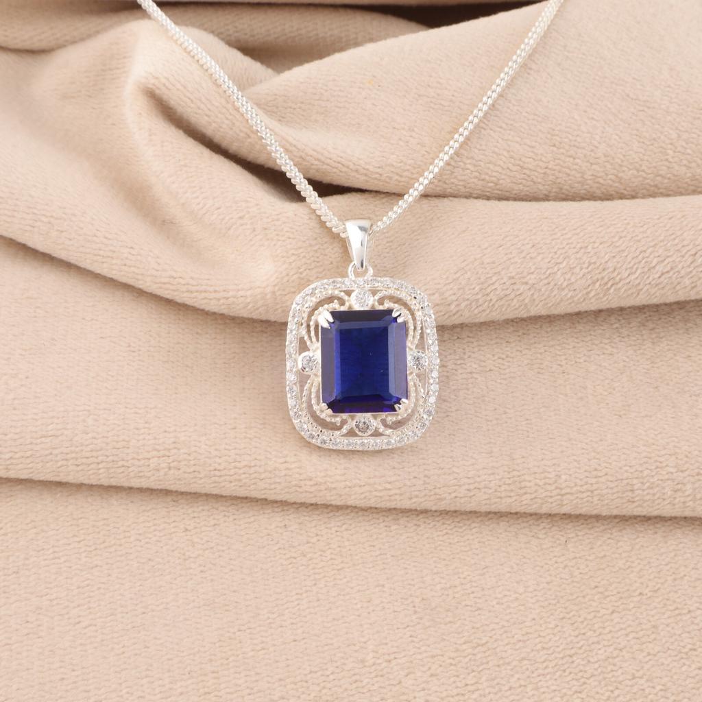 Blue Sapphire Gemstone 925 Sterling Silver Jewelry Zircon Pendant Gift For Wife CZP-11-7