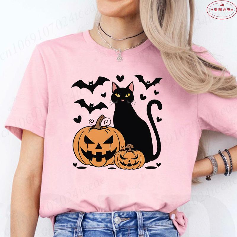 Black Cat Halloween Print Unisexs Summer Tshirt Casual Clothing Oversized Y2k Personality Short Sleeve Tops Spooky Season Tees