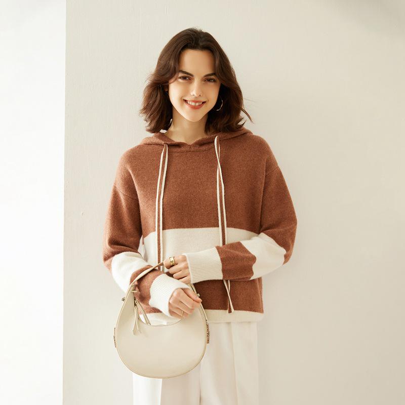 Women's Color Block Cashmere Hooded Pullover - Loose Casual Knitwear Top