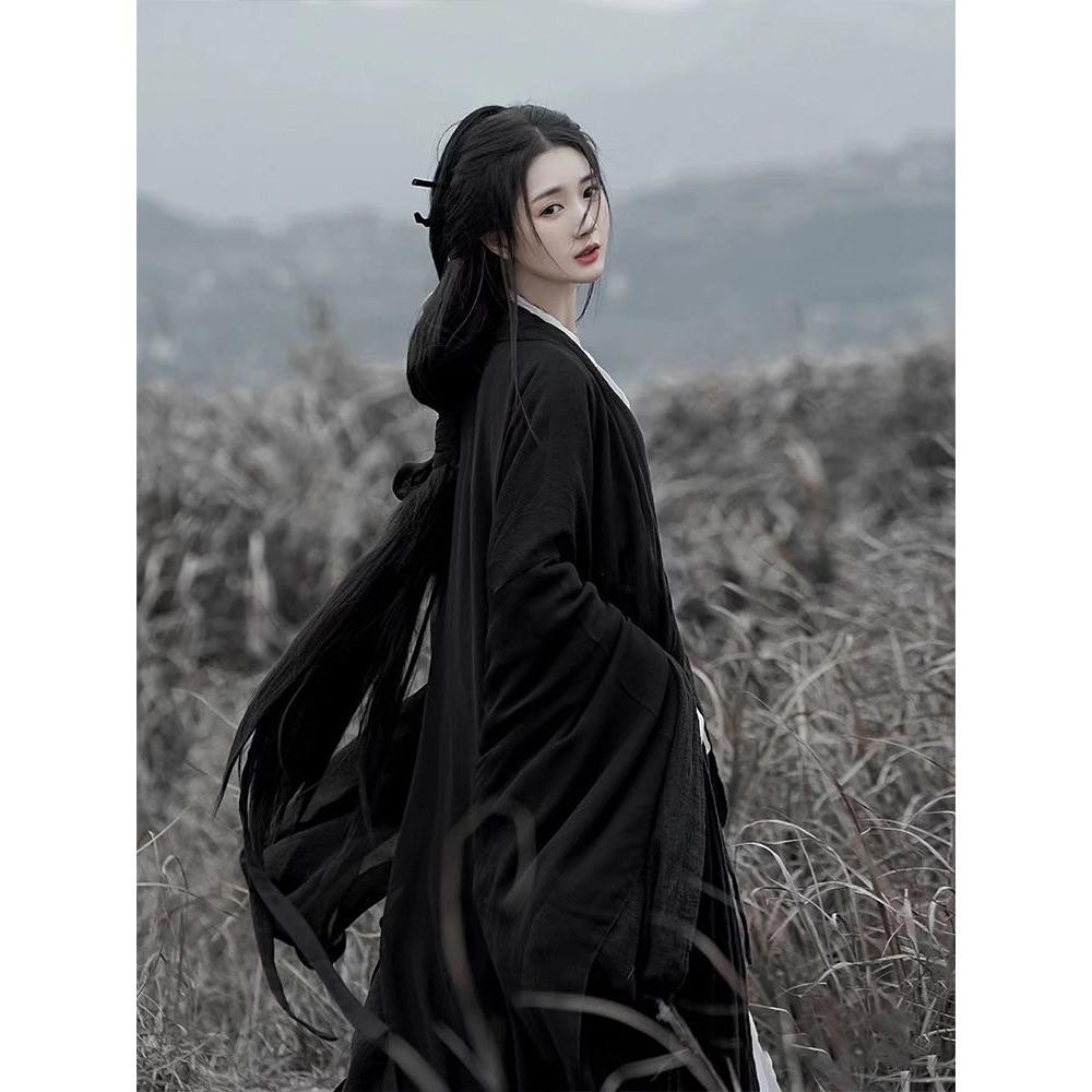 Dámská černá košile s velkým rukávem s křížovým límečkem ve stylu čínské dynastie Wei a Jin, kompletní sada