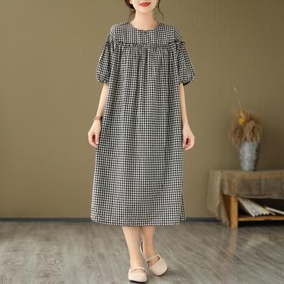 Plaid Cotton and Linen Dress Women's Summer Large Size Loose Casual Doll Skirt