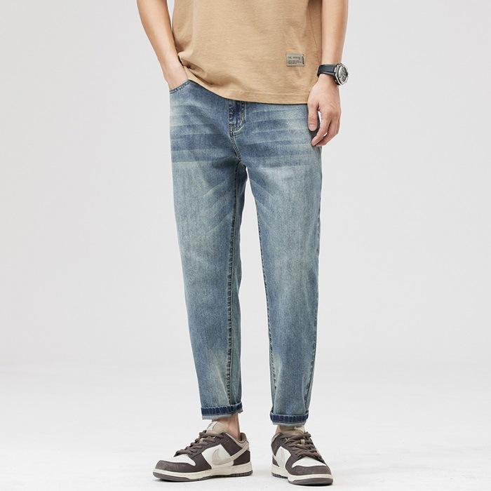New 9-point Jeans Micro-cone Hong Kong Style Narrow Version American Thin Cotton Elastic Nine-point Men's Pants