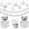 60th Diamond Wedding Anniversary Decorations, Glitter Banner, Cake Topper, Hanging Swirl, Silver Heart-shaped Love Foil Balloons, Party Festival