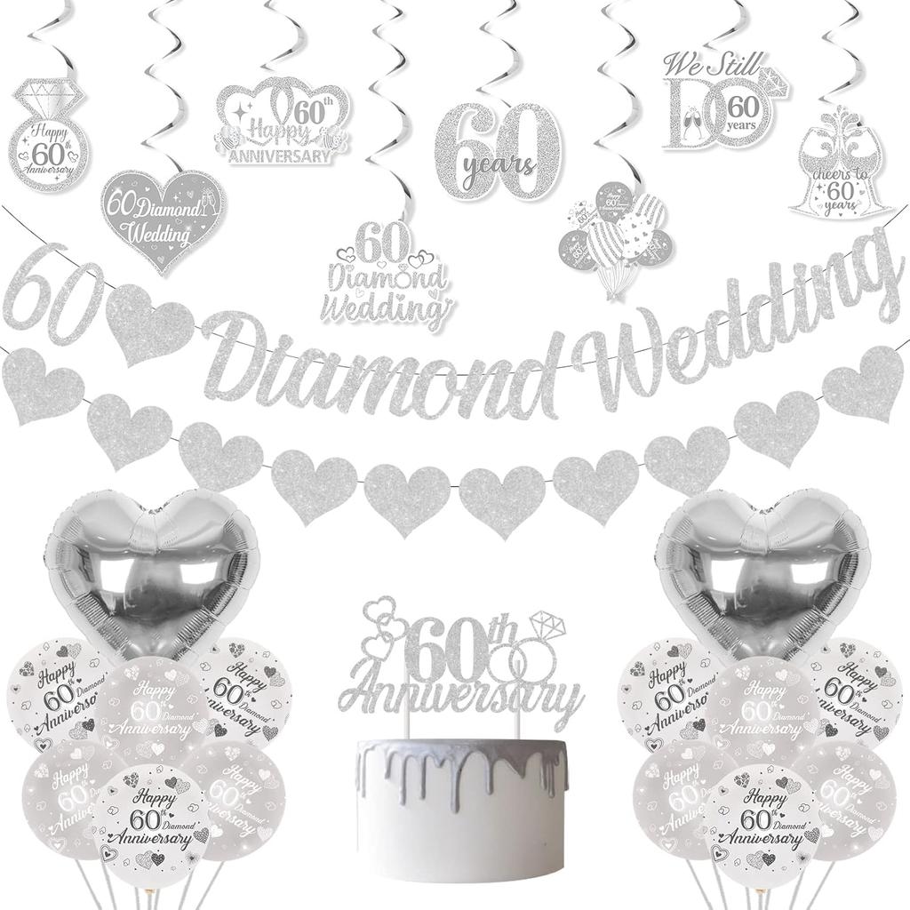 60th Diamond Wedding Anniversary Decorations, Glitter Banner, Cake Topper, Hanging Swirl, Silver Heart-shaped Love Foil Balloons, Party Festival