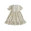 French Floral Square Neck Lace Dress for Girls - Summer 2026, Short Sleeves, Korean Style