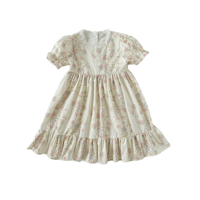 French Floral Square Neck Lace Dress for Girls - Summer 2026, Short Sleeves, Korean Style