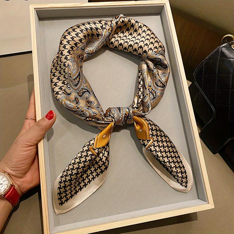 26.77" Paisley Houndstooth Printed Square Scarf Coffee Color Thin Smooth Neck Scarf Vintage Style Sunscreen Headscarf For Women