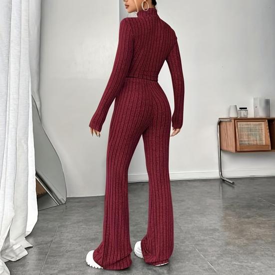 2Pcs/Set Women Solid Color Knitting Outfit Turtleneck Long Sleeve Cropped Tops High Waist