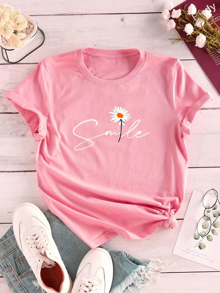 Daisy Flower & Letter Print Crew Neck T-Shirt Casual Short Sleeve T-Shirt for Summer Women's Clothing Comfortable Creative Tops