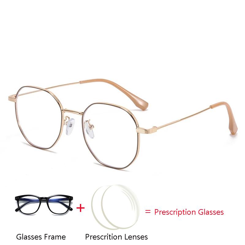 Tea Gold Polygon Prescription Glasses Anti Blue Ray Photochromic Progressive Eyewear for Women Men