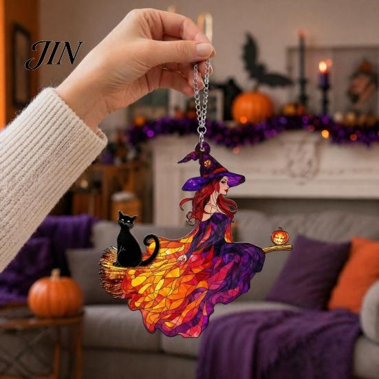 Retro Fantasy Window Hanging Vintage Halloween Cat Witch Decoration, Acrylic Ornaments, Black Decor Rustic Farmhouse Tree Decor, Party Supplies