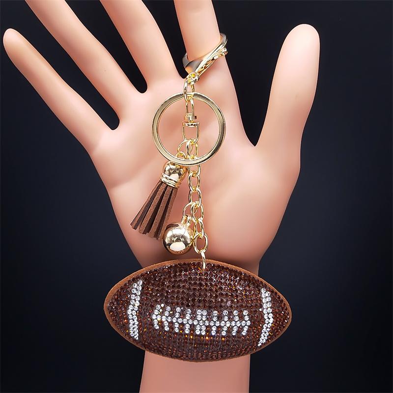 Niedlicher Rugby American Football Kristall Schlüsselanhänger für Tasche Zubehör Legierung Strass Quaste Glocke Auto Schlüsselanhänger Schmuck Geschenk K7366 brown