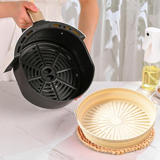 Round Silicone Fryer Liner Dual Handles Food Grade BPA Free Heat Resistant Dishwasher Safe Reusable Oven Baking Tray Basket Bowl Kitchen Supplies