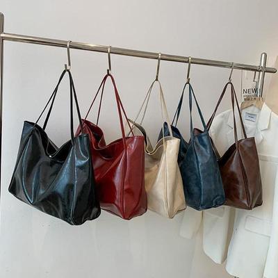 Vintage Soft PU Leather Large Capacity Women Shoulder Bag Fashion Casual Solid Color Top Handle Shopper Tote Bag
