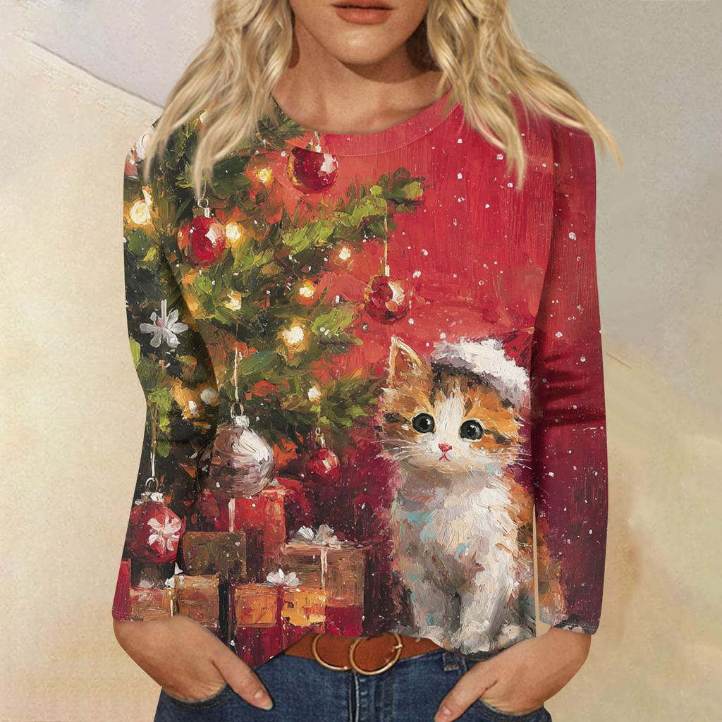 Women's Loose Comfortable Casual Fashion Round Neck Christmas Print Long Sleeve Hoodie