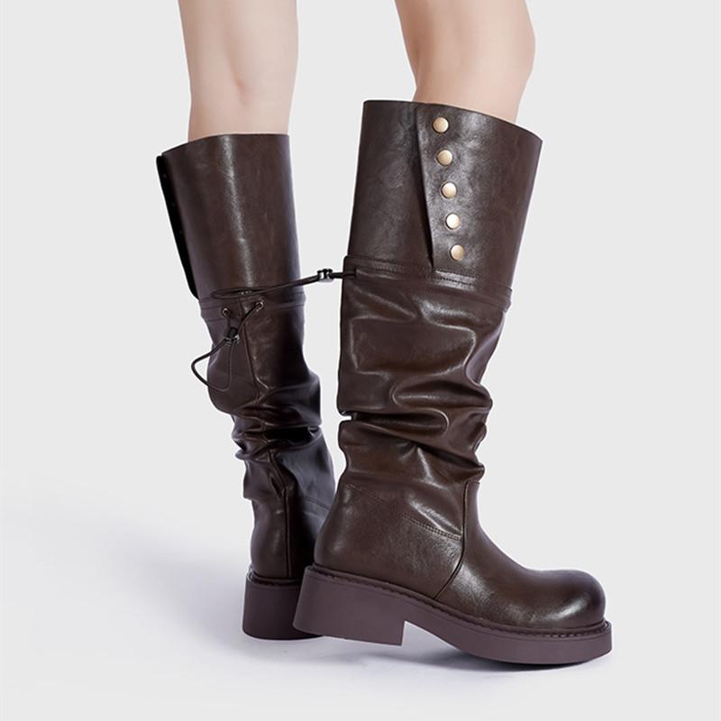 Fashion Autumn Winter Patent Leather Punk Gothic Platform Women Knee-high Boots Fashion Rivet Button Heeled Motorcycle Booties Shoes