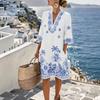 Summer new European and American style V-neck striped loose beach dress casual short sleeve sun protection seaside vacation