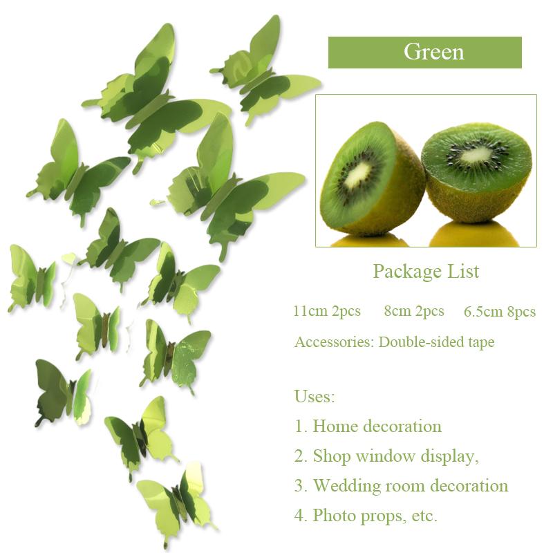 

12pcs/set New Arrival Mirror Silver 3D Butterfly Wall Stickers Party Wedding Decor DIY Home Decorations Butterfly Fridge Decal зелёный