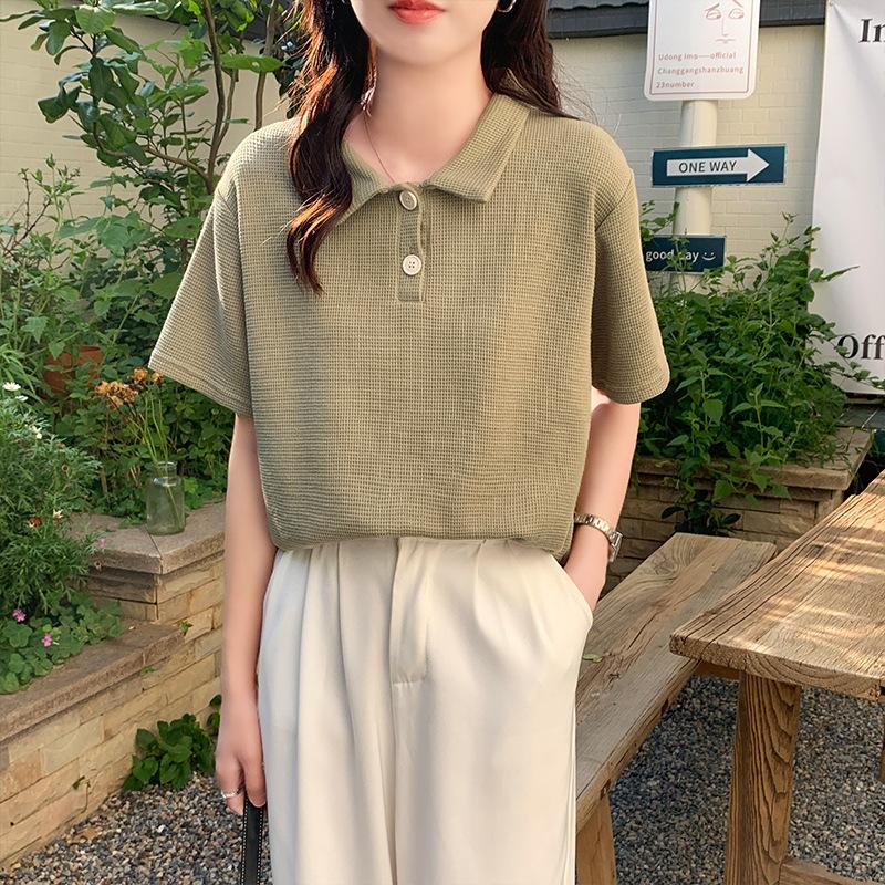 2025 New Summer Waffle Polo Shirt Apricot Hong Kong Style Loose Age-reducing Short-sleeved T-shirt Women's Inner Top