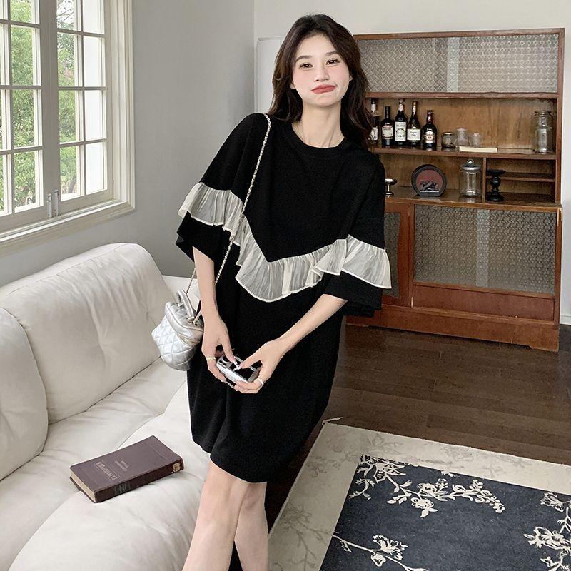 Women Summer Korean Style Black Elegant Mesh Patchwork T-shirts Plus Size Loose Oversized Short Sleeve Tops