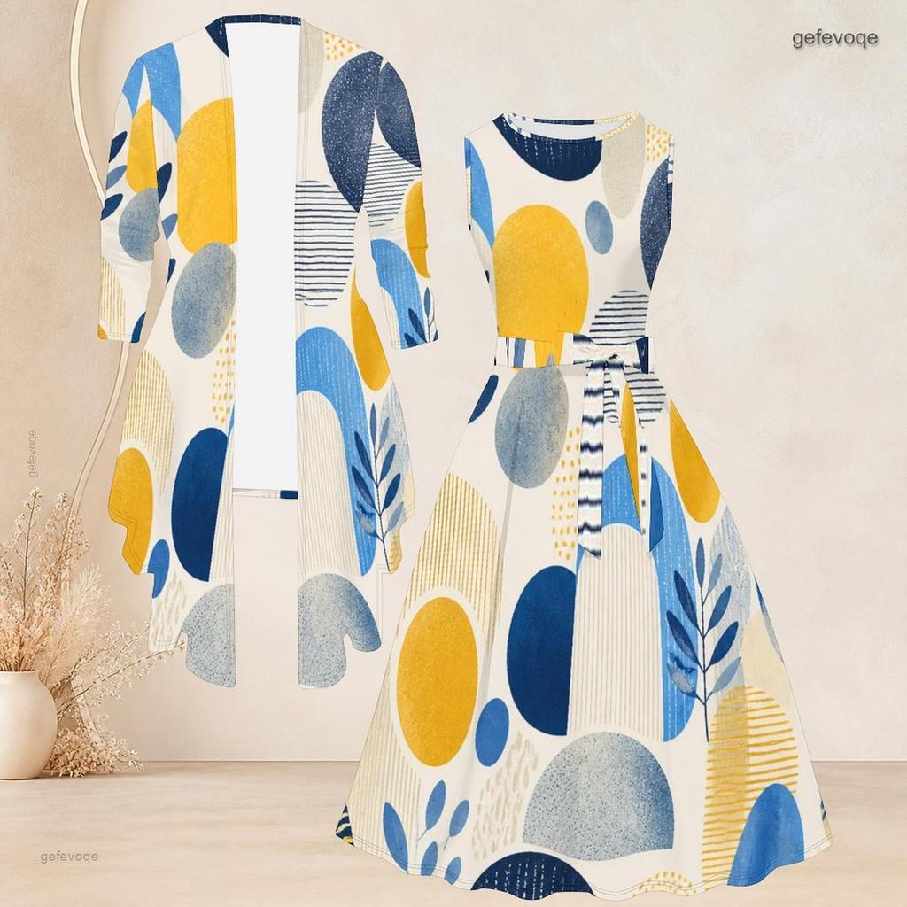 Women Plus Size Two Piece Set 3 4 Sleeve Open Front Cardigan Sleeveless Striped Printed Tie Waist Flared Dress