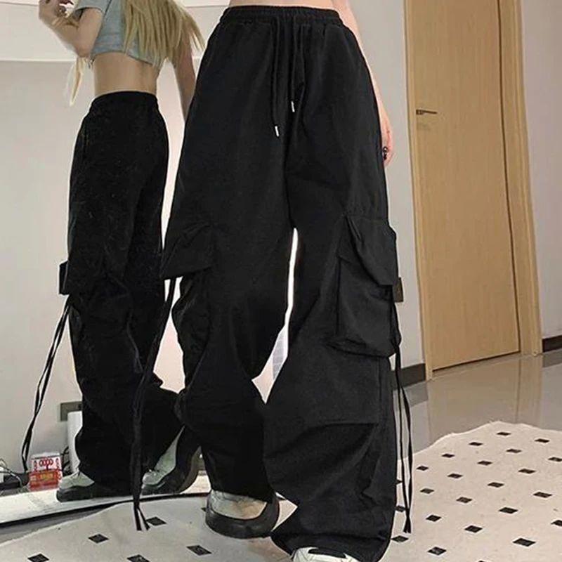 

Floor-Length Pants Overalls Loose Draggle-Tail Trousers American Three-Dimensional Pocket Cargo Pants Women Black 3XL