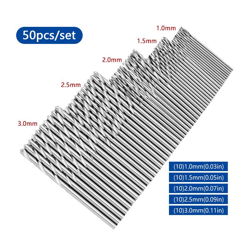 50PCS Titanium-Coated HSS Spiral Drill Bits, 1.0-3.0mm, Round Handle, Straight Shank