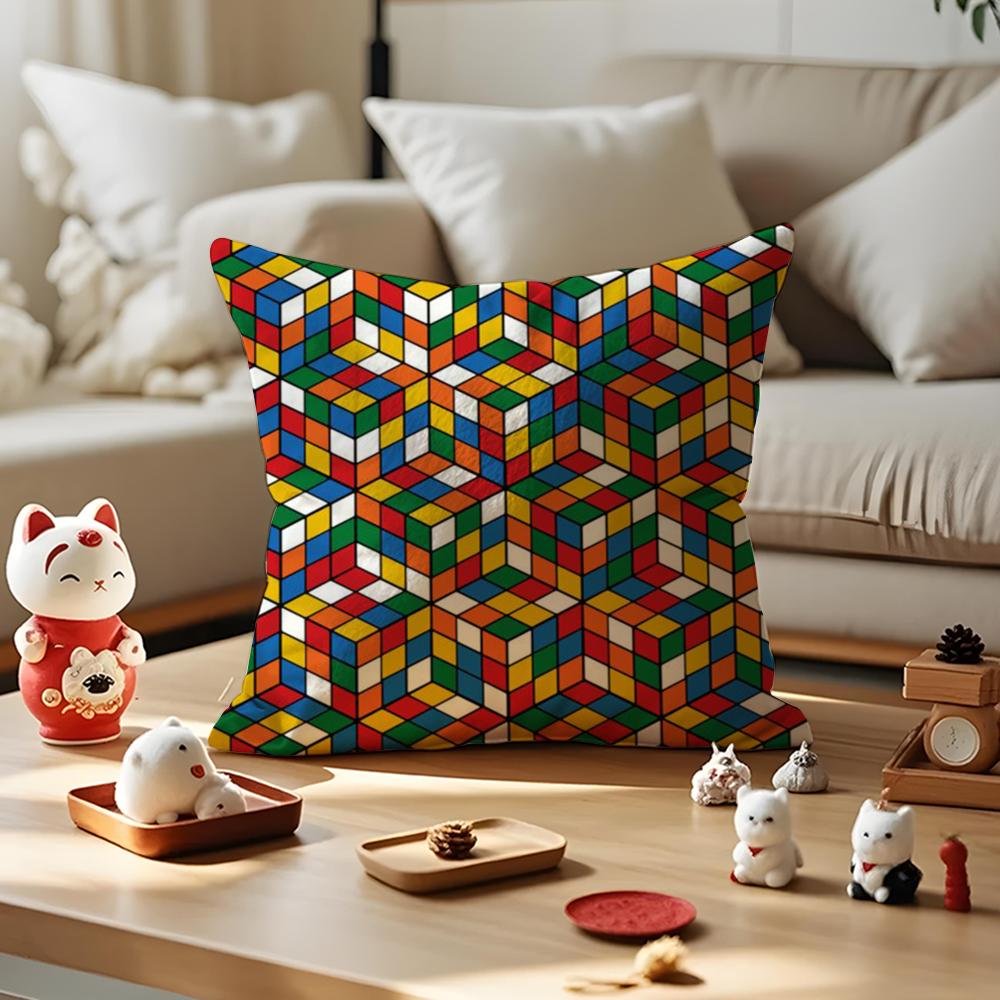 Color Blocking Art Cushion Cover Anti-dustmite Pillowcase Invisible Zipper Silky Short Plush Sofa Cushion Cover